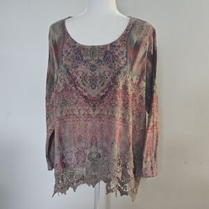 Bohemian Print Women's Top With Lace Fringe